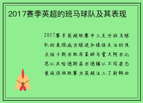 2017赛季英超的班马球队及其表现