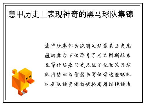 意甲历史上表现神奇的黑马球队集锦